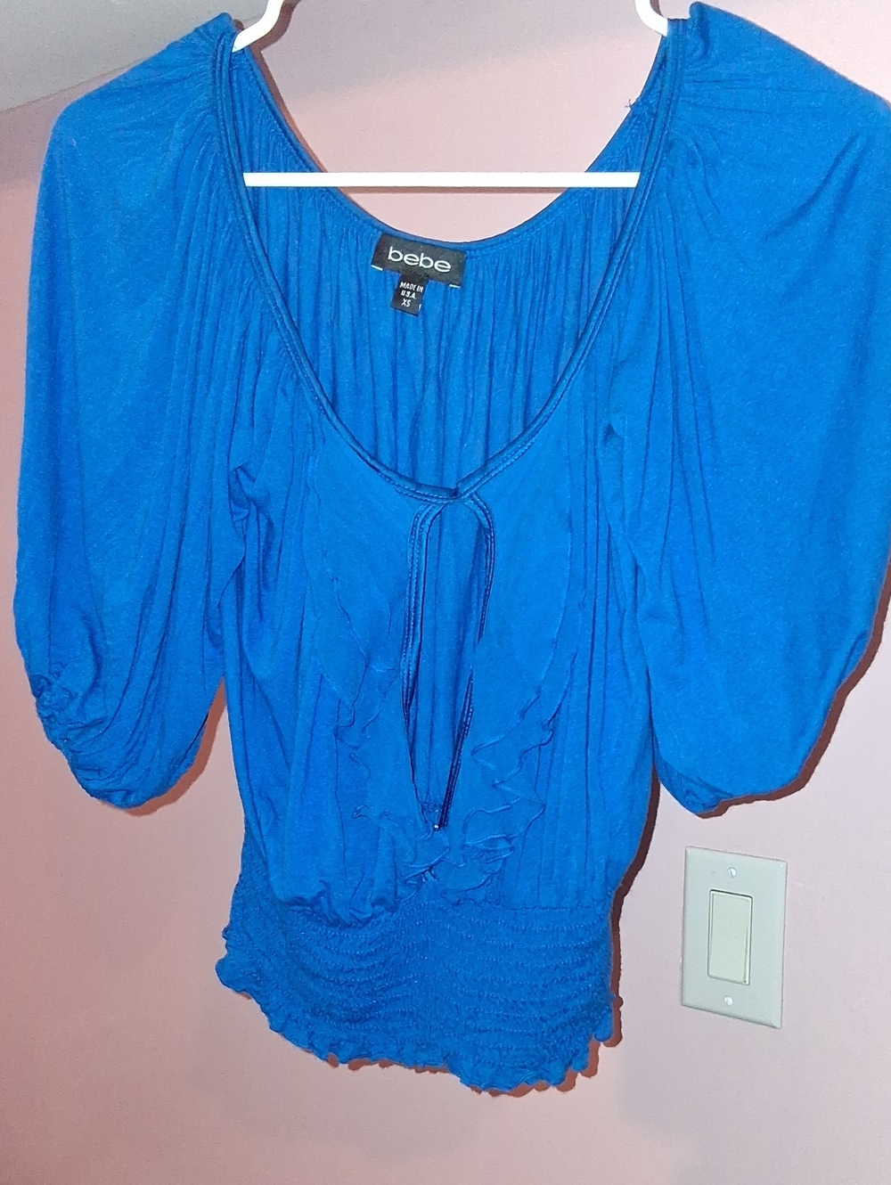 bebe Cobalt Blue Ruffled Peasant Top